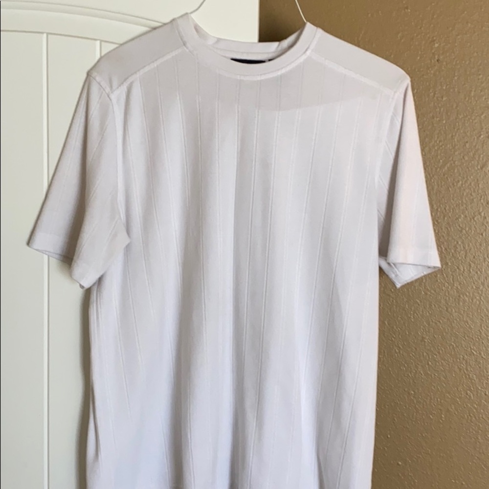 White casual shirt with light vertical stripes